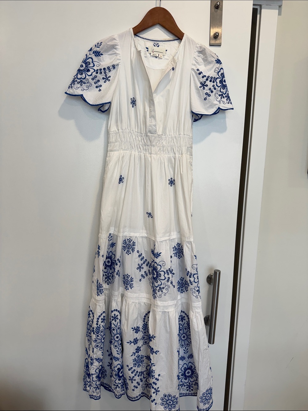 Anthropologie White & Blue Embroidered Maxi Dress
